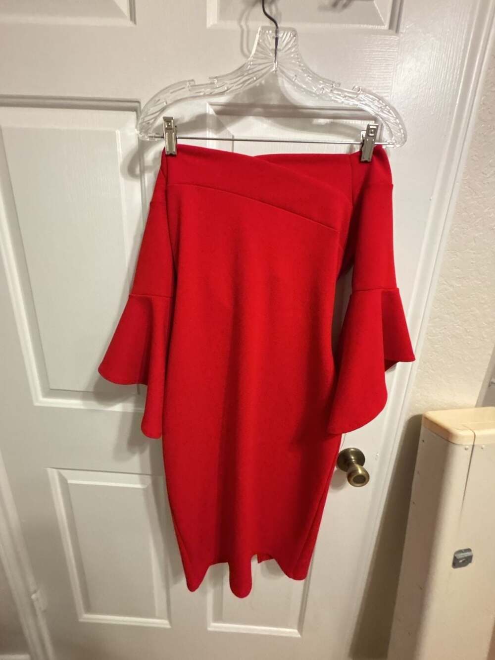 bebe Red Off-the-Shoulder Bell Sleeve Sheath Dress